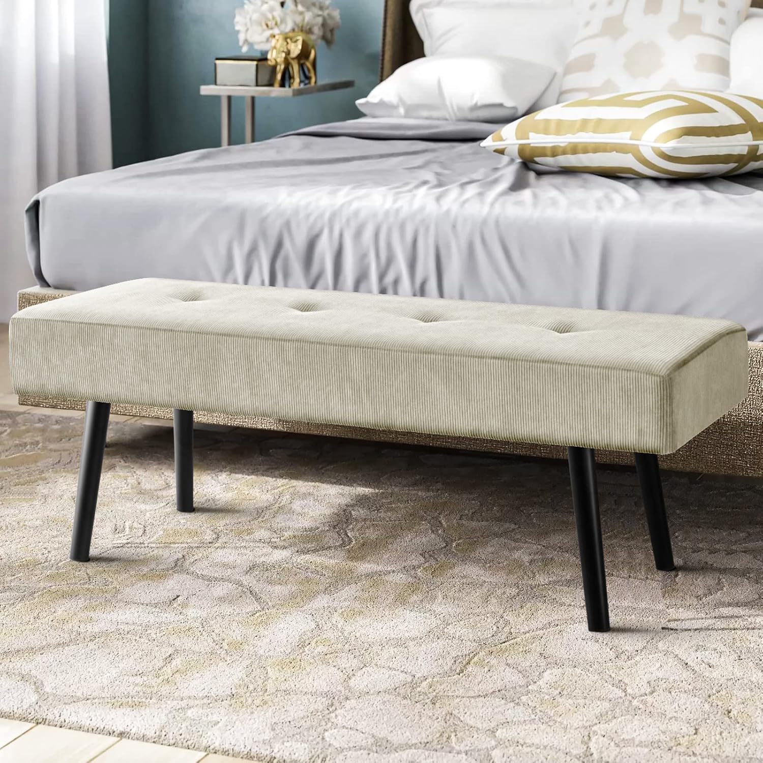 Entryway Bench - Green Bench for Bedroom, Modern Ottoman End of Bed, Corduroy Padded Benches for Living Room, Foyer, Mudroom, Hallway - 39" L x 14" W x 17" H - Grand Goldman