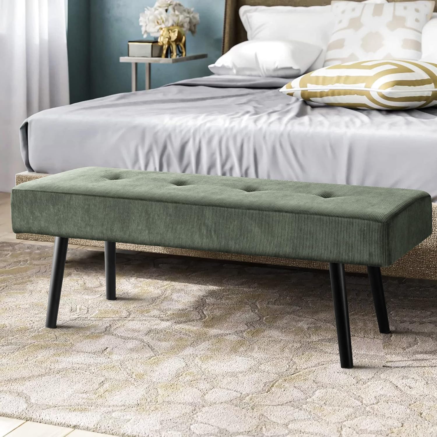 Entryway Bench - Green Bench for Bedroom, Modern Ottoman End of Bed, Corduroy Padded Benches for Living Room, Foyer, Mudroom, Hallway - 39" L x 14" W x 17" H - Grand Goldman