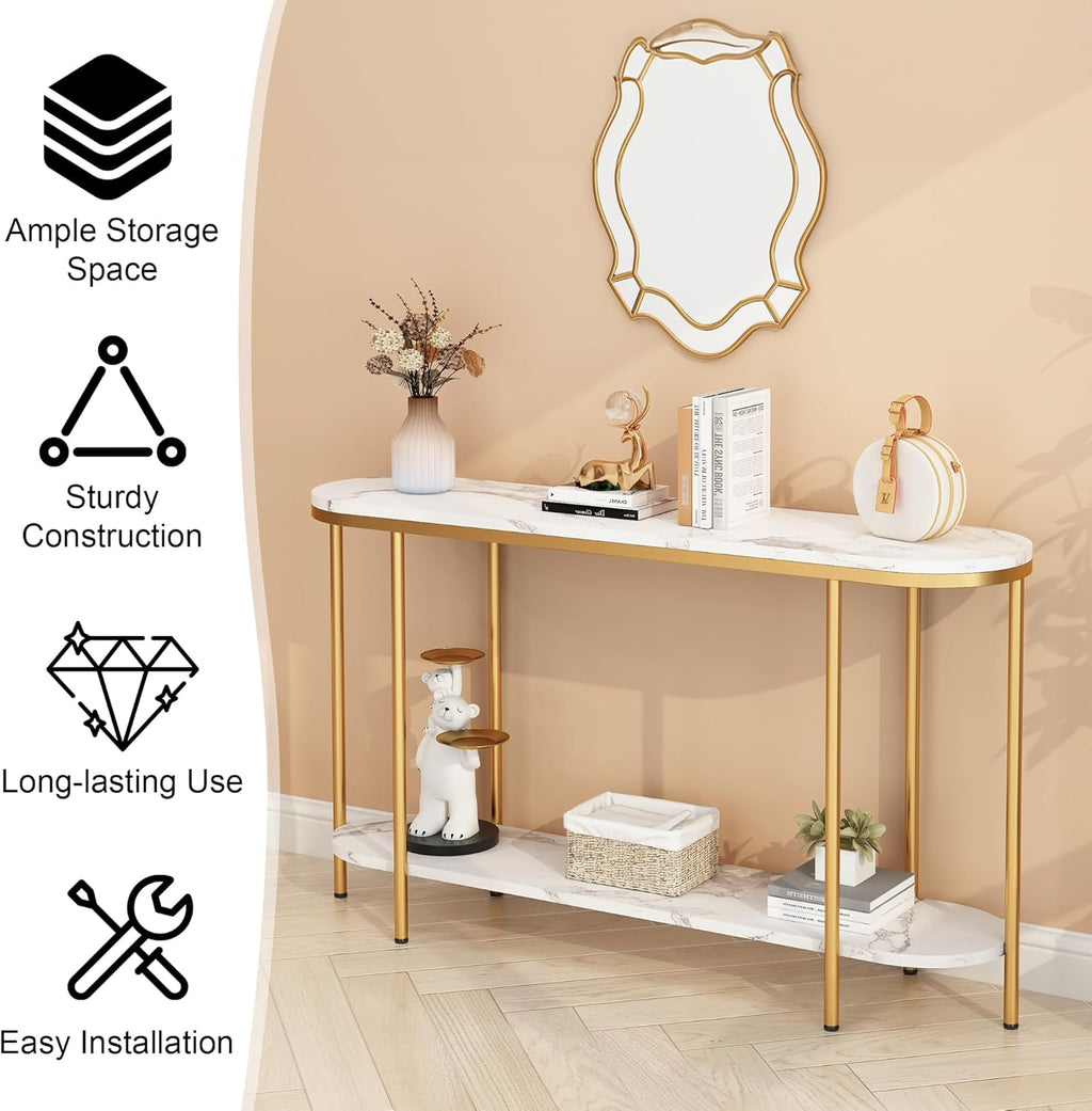 Entryway Table, Modern 42-Inch Console/Accent Table with Metal Legs, Faux Marble Narrow Wood Sofa Foyer Table for Entrance, Living Room (Black) - Grand Goldman