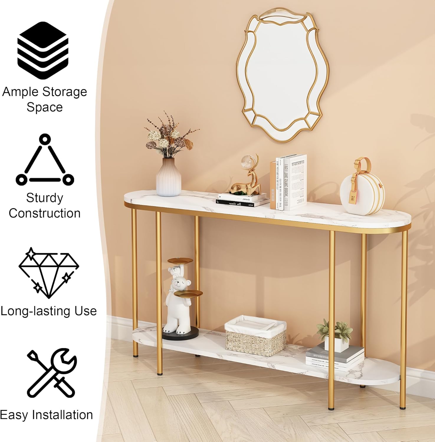 Entryway Table, Modern 42-Inch Console/Accent Table with Metal Legs, Faux Marble Narrow Wood Sofa Foyer Table for Entrance, Living Room (Black) - Grand Goldman