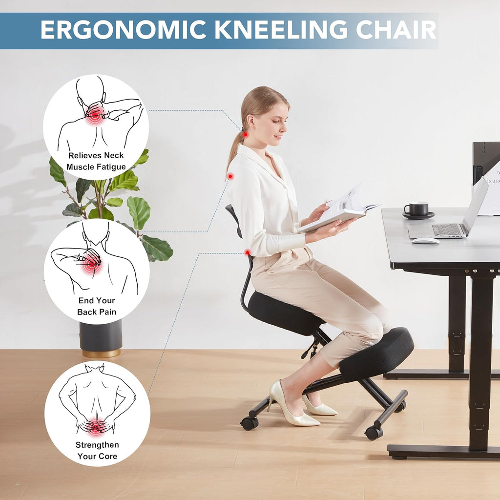 Ergonomic Kneeling Chair with Back Support, Ergonomic Kneeling Chair with Brake and Smooth Gliding Casters, Adjustable Stool for Home and Office, Posture Chair to Relieve Back Pain, Black Linen - Grand Goldman