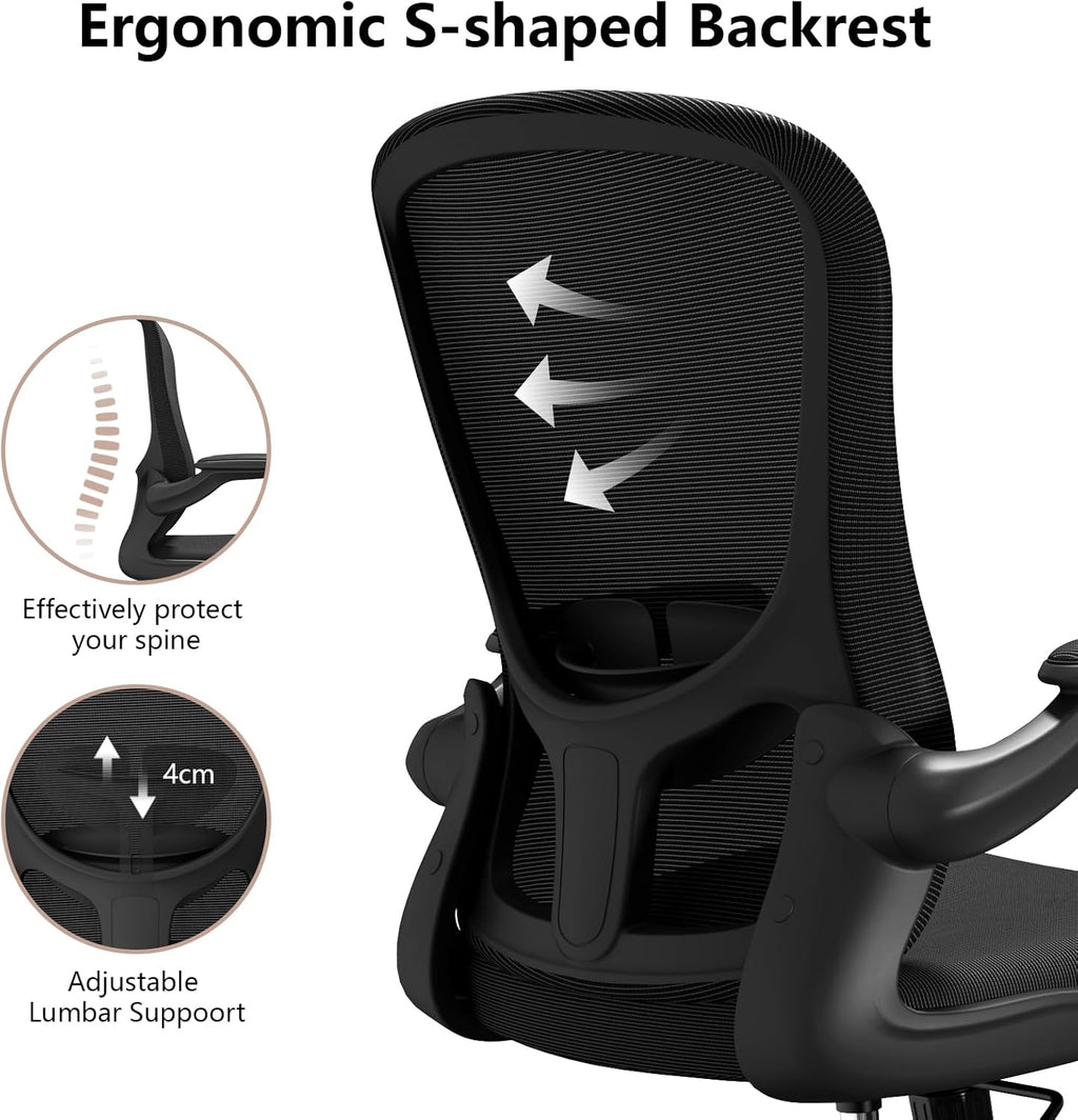Ergonomic Office Chair, Comfort Swivel Home Office Task Chair, Breathable Mesh Desk Chair, Lumbar Support Computer Chair with Flip-up Arms and Adjustable Height - Grand Goldman