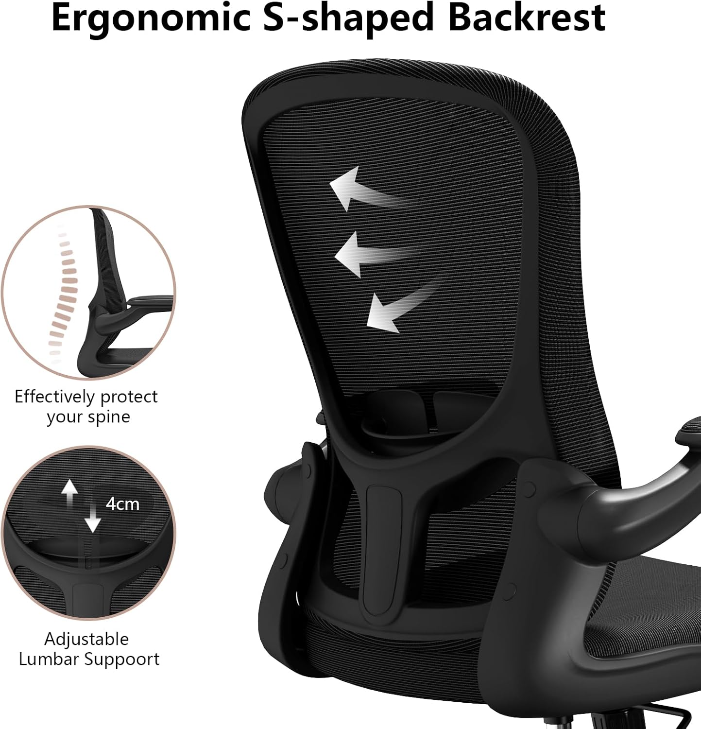Ergonomic Office Chair, Comfort Swivel Home Office Task Chair, Breathable Mesh Desk Chair, Lumbar Support Computer Chair with Flip-up Arms and Adjustable Height - Grand Goldman