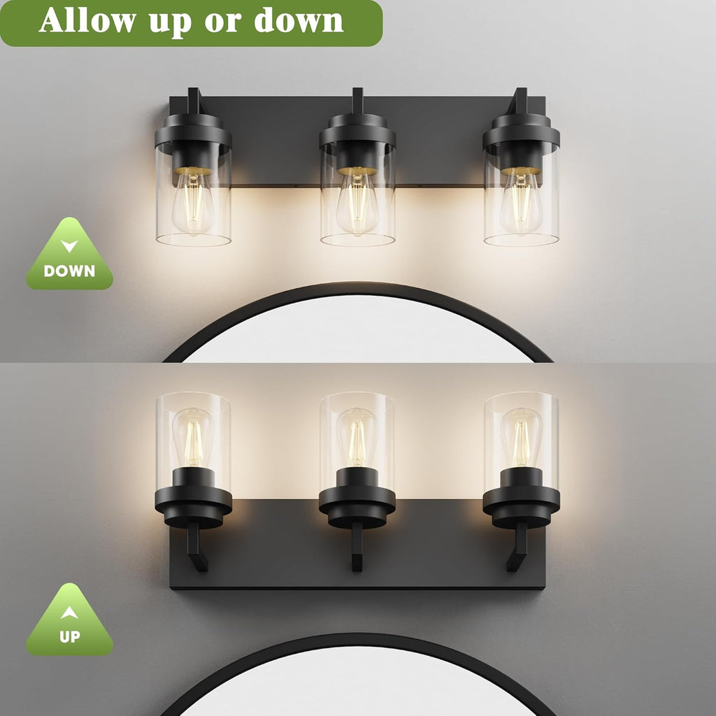 Espird Bathroom Vanity Light, 3 Light Matte Black Vanity Light with Clear Glass Shade, 22in Farmhouse Vanity Light, Bathroom Lighting Fixtures Over Mirror for Bathroom/Living Room - Grand Goldman