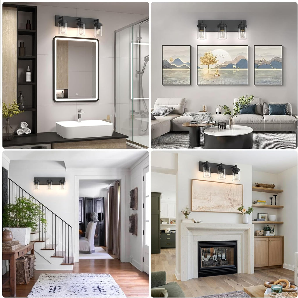 Espird Bathroom Vanity Light, 3 Light Matte Black Vanity Light with Clear Glass Shade, 22in Farmhouse Vanity Light, Bathroom Lighting Fixtures Over Mirror for Bathroom/Living Room - Grand Goldman