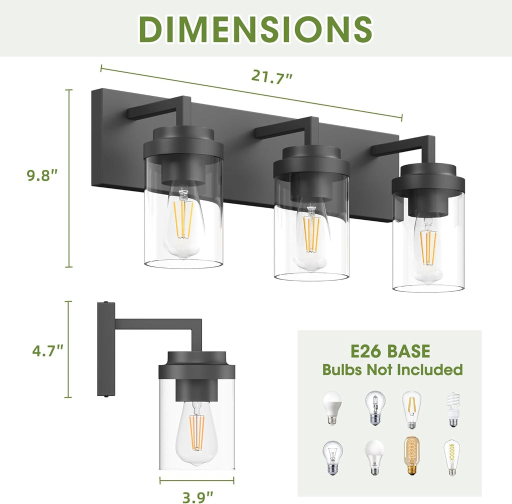 Espird Bathroom Vanity Light, 3 Light Matte Black Vanity Light with Clear Glass Shade, 22in Farmhouse Vanity Light, Bathroom Lighting Fixtures Over Mirror for Bathroom/Living Room - Grand Goldman