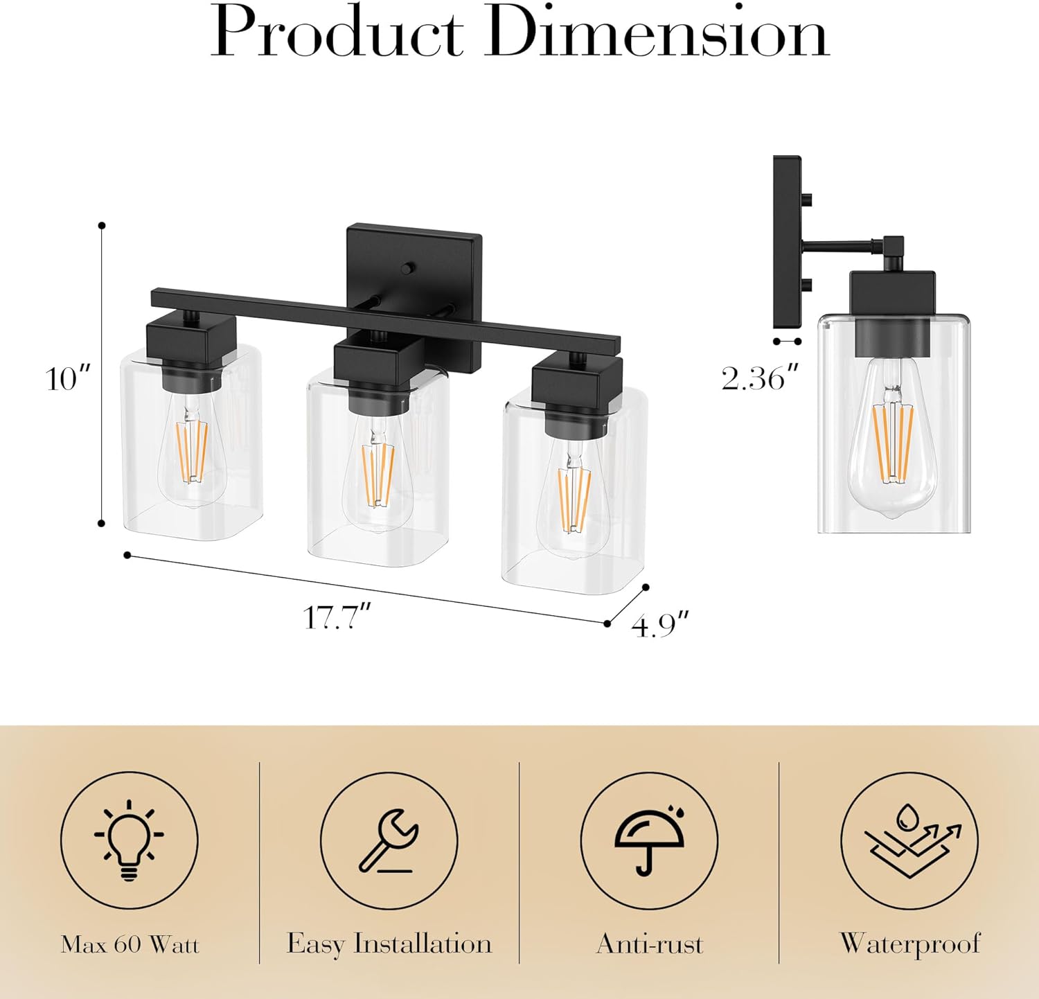 Espird Black Bathroom Vanity Light - 3 Light Bathroom Light Fixture Square Design & UL Certification, Bathroom Lighting Fixtures Over Mirror, Modern Matte Black Vanity Light for Bathroom & Restroom - Grand Goldman