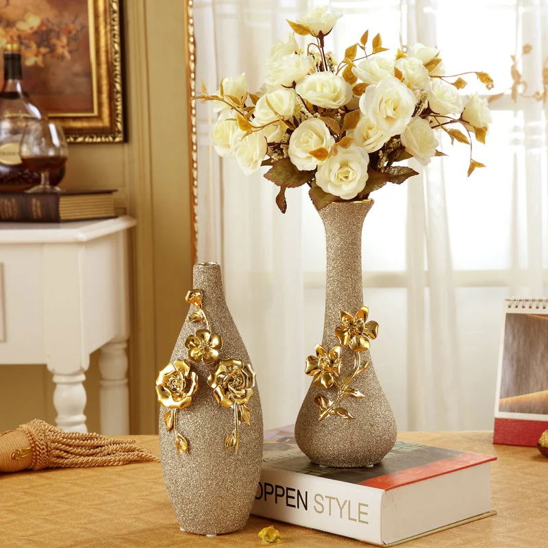 Europe Gilt Frosted Porcelain Vase Vintage Advanced Ceramic Flower Vase For Room Study Hallway Home Wedding Decor With Flower - Grand Goldman