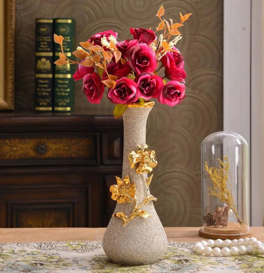 Europe Gilt Frosted Porcelain Vase Vintage Advanced Ceramic Flower Vase For Room Study Hallway Home Wedding Decor With Flower - Grand Goldman