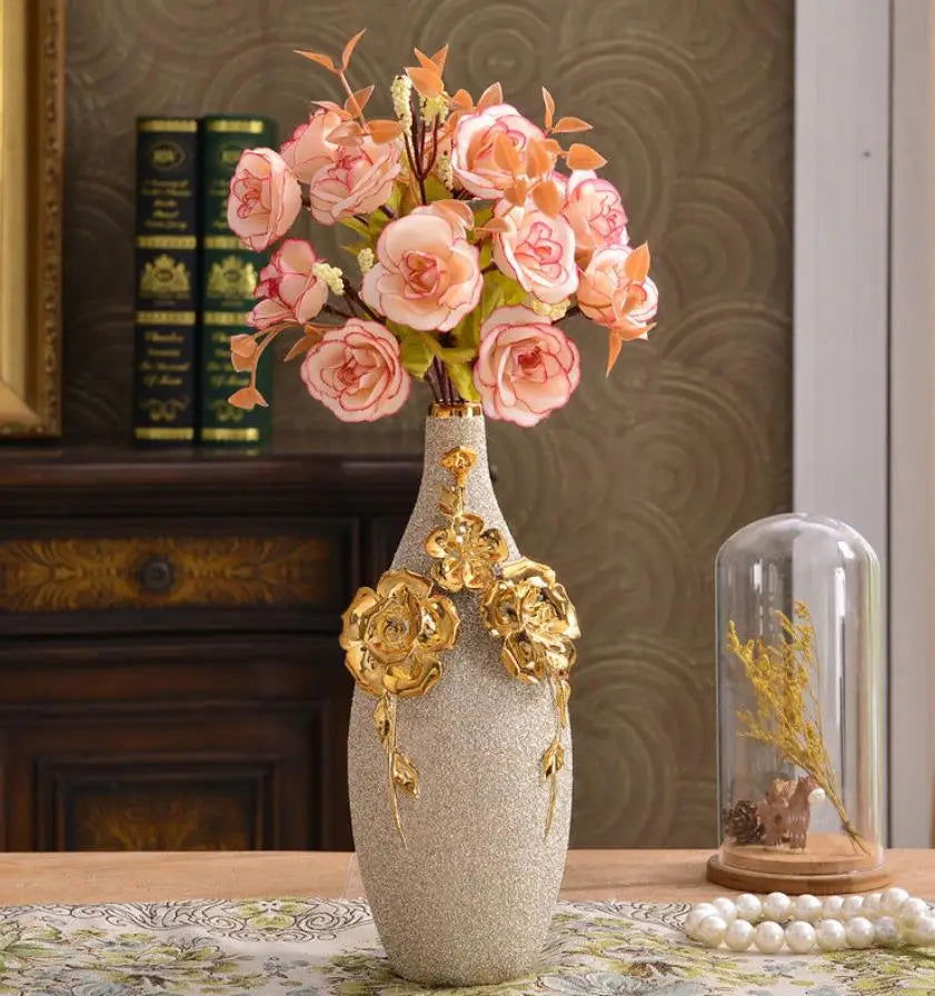 Europe Gilt Frosted Porcelain Vase Vintage Advanced Ceramic Flower Vase For Room Study Hallway Home Wedding Decor With Flower - Grand Goldman