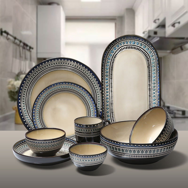European Ceramic Tableware Set Relief Steak Plate Salad Bowl Rice Bowl Western Restaurant Fish Plate Cup - Grand Goldman