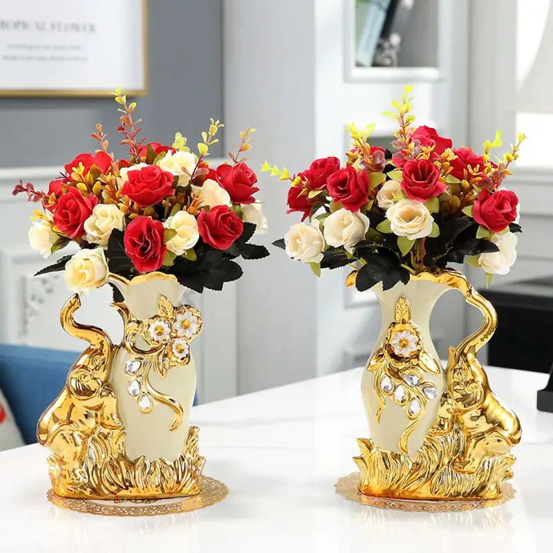 European Style Ceramic Gold Swan Vase Luxury Home Decor Flower Pot Elegant Dining Table Centerpiece Creative Plated Urn with Stones and Carved Flowers - Grand Goldman