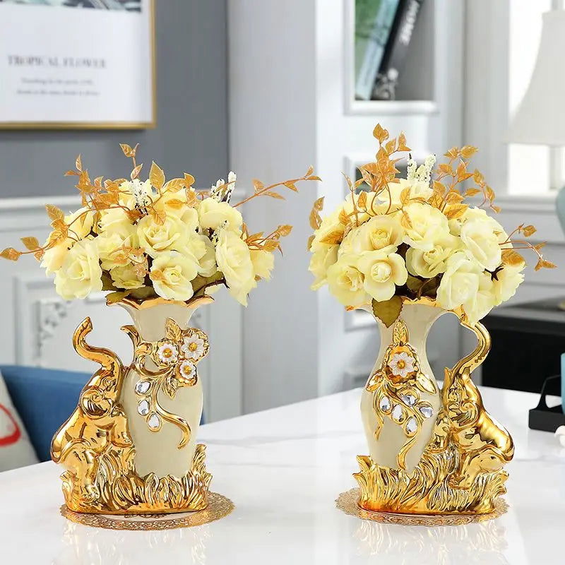 European Style Ceramic Gold Swan Vase Luxury Home Decor Flower Pot Elegant Dining Table Centerpiece Creative Plated Urn with Stones and Carved Flowers - Grand Goldman