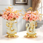European Style Ceramic Gold Swan Vase Luxury Home Decor Flower Pot Elegant Dining Table Centerpiece Creative Plated Urn with Stones and Carved Flowers - Grand Goldman