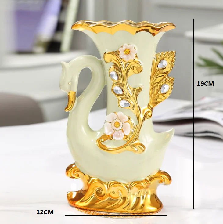 European Style Ceramic Gold Swan Vase Luxury Home Decor Flower Pot Elegant Dining Table Centerpiece Creative Plated Urn with Stones and Carved Flowers - Grand Goldman