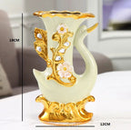 European Style Ceramic Gold Swan Vase Luxury Home Decor Flower Pot Elegant Dining Table Centerpiece Creative Plated Urn with Stones and Carved Flowers - Grand Goldman