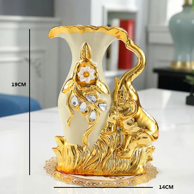 European Style Ceramic Gold Swan Vase Luxury Home Decor Flower Pot Elegant Dining Table Centerpiece Creative Plated Urn with Stones and Carved Flowers - Grand Goldman