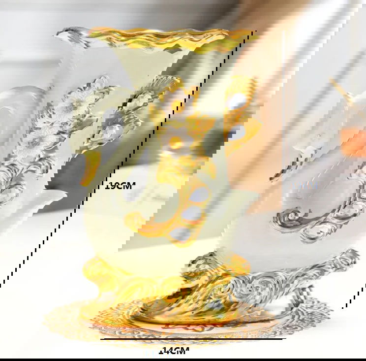 European Style Ceramic Gold Swan Vase Luxury Home Decor Flower Pot Elegant Dining Table Centerpiece Creative Plated Urn with Stones and Carved Flowers - Grand Goldman