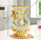 European Style Ceramic Gold Swan Vase Luxury Home Decor Flower Pot Elegant Dining Table Centerpiece Creative Plated Urn with Stones and Carved Flowers - Grand Goldman