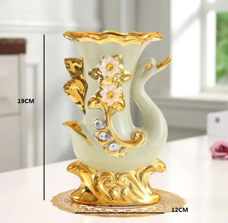European Style Ceramic Gold Swan Vase Luxury Home Decor Flower Pot Elegant Dining Table Centerpiece Creative Plated Urn with Stones and Carved Flowers - Grand Goldman