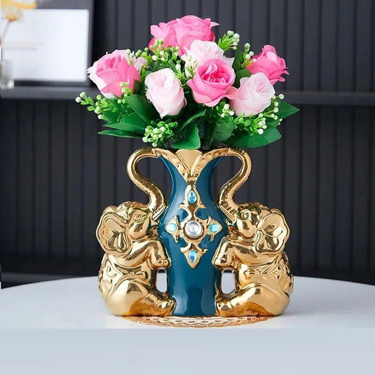 European Style Ceramic Gold Vase - Creative Elephant Swan Adorned Duck Blue Tabletop Vase for Home and Dining Table Decoration - Grand Goldman