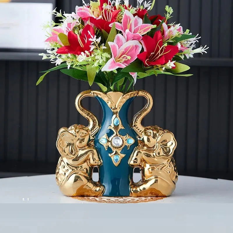 European Style Ceramic Gold Vase - Creative Elephant Swan Adorned Duck Blue Tabletop Vase for Home and Dining Table Decoration - Grand Goldman