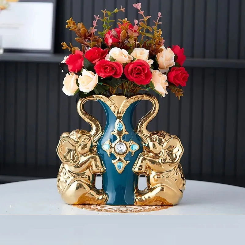 European Style Ceramic Gold Vase - Creative Elephant Swan Adorned Duck Blue Tabletop Vase for Home and Dining Table Decoration - Grand Goldman