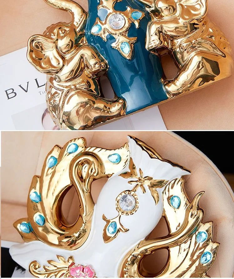European Style Ceramic Gold Vase - Creative Elephant Swan Adorned Duck Blue Tabletop Vase for Home and Dining Table Decoration - Grand Goldman