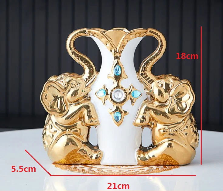 European Style Ceramic Gold Vase - Creative Elephant Swan Adorned Duck Blue Tabletop Vase for Home and Dining Table Decoration - Grand Goldman