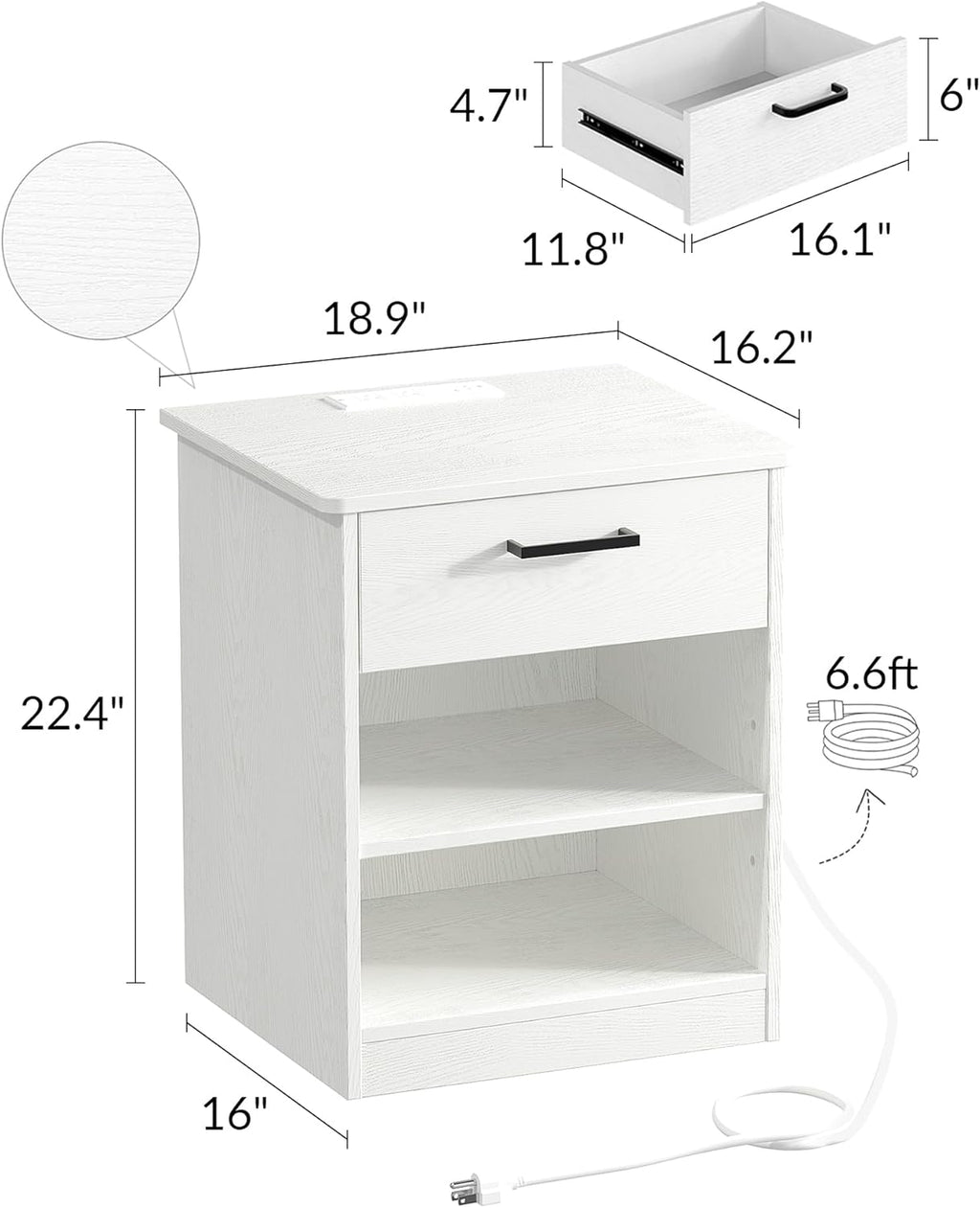 Everyday Side Table with Fast Charging Station - USB C Cable Fast Charging, Wooden White Nightstand Bedside Table with Drawer, End Table with Optional Adjustable Shelf for Bedroom, Set of 1 - Grand Goldman