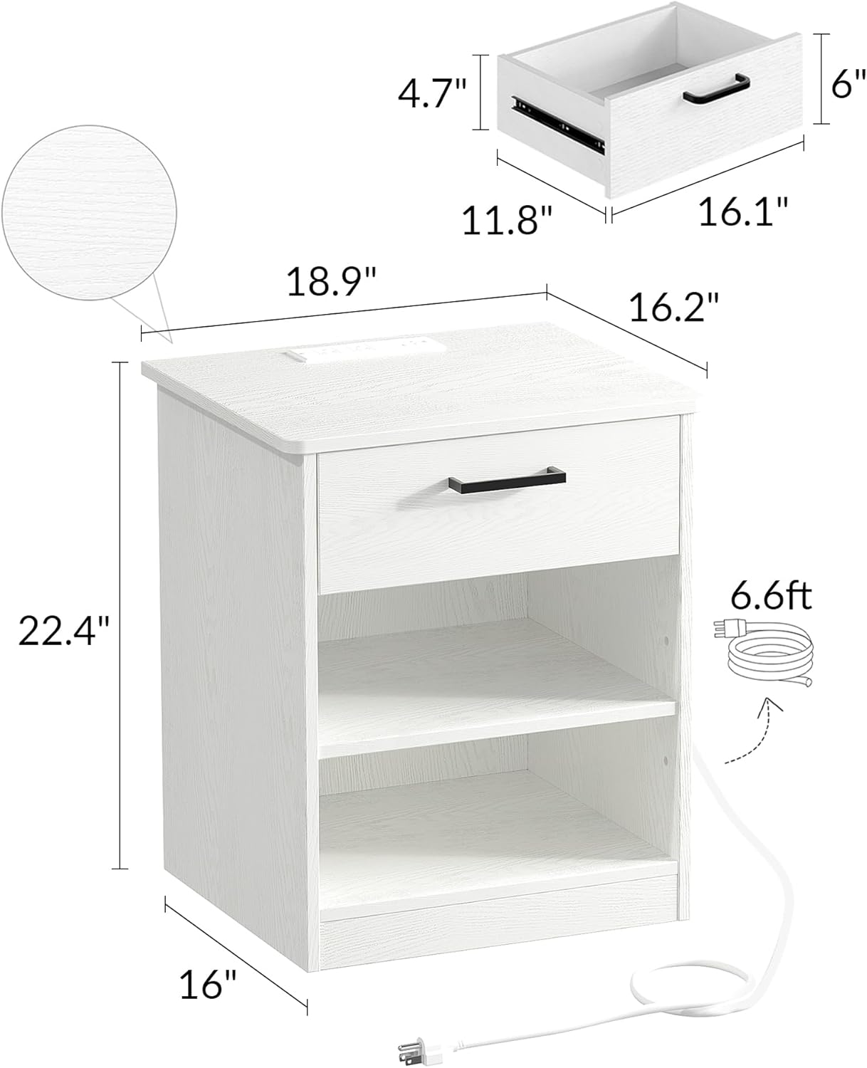 Everyday Side Table with Fast Charging Station - USB C Cable Fast Charging, Wooden White Nightstand Bedside Table with Drawer, End Table with Optional Adjustable Shelf for Bedroom, Set of 1 - Grand Goldman