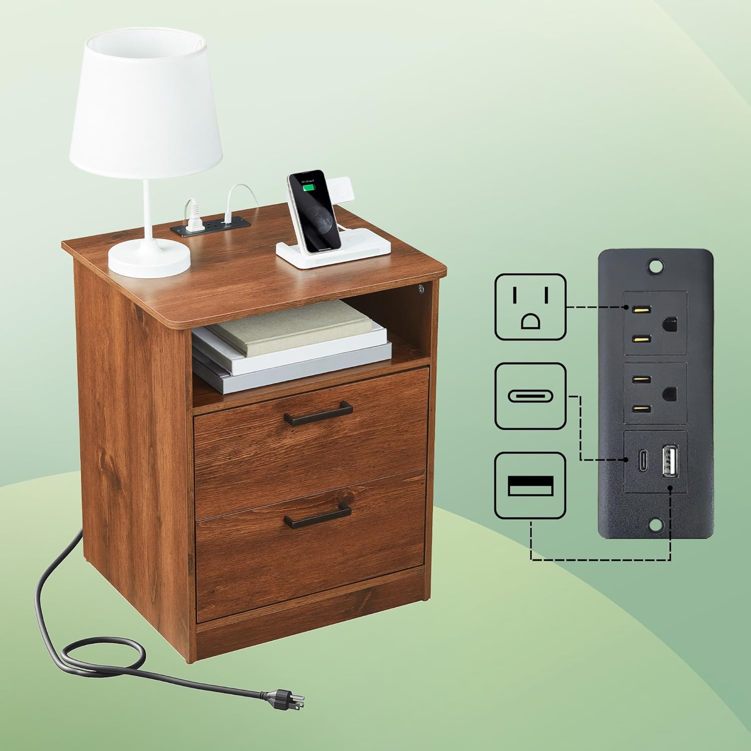 Everyday Side Table with Fast Charging Station - USB C Cable Fast Charging, Wooden White Nightstand Bedside Table with Drawer, End Table with Optional Adjustable Shelf for Bedroom, Set of 1 - Grand Goldman