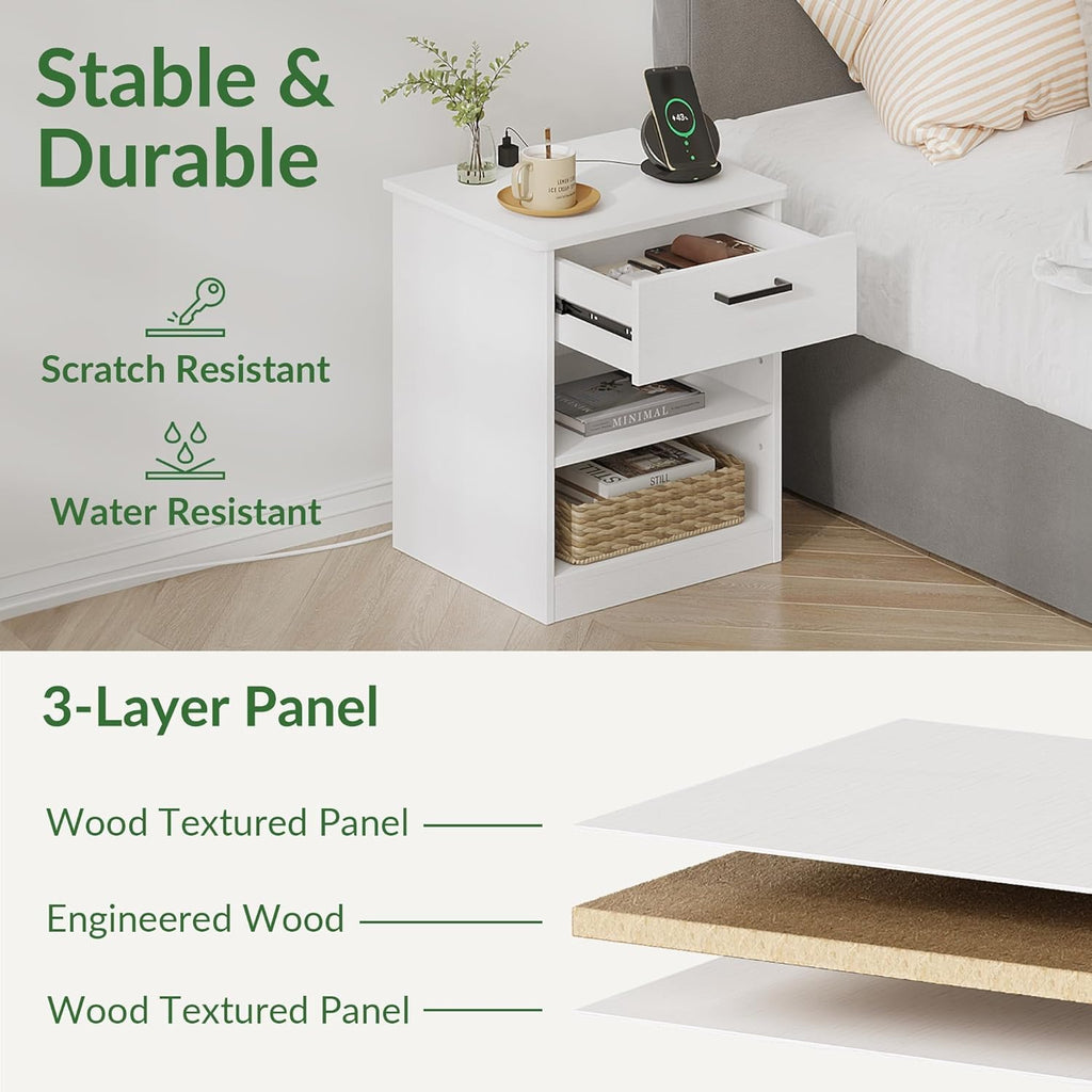 Everyday Side Table with Fast Charging Station - USB C Cable Fast Charging, Wooden White Nightstand Bedside Table with Drawer, End Table with Optional Adjustable Shelf for Bedroom, Set of 1 - Grand Goldman
