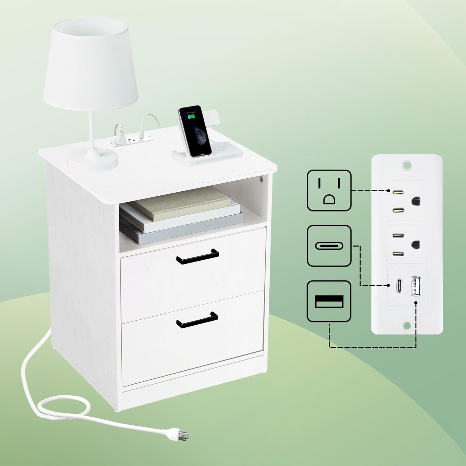 Everyday Side Table with Fast Charging Station - USB C Cable Fast Charging, Wooden White Nightstand Bedside Table with Drawer, End Table with Optional Adjustable Shelf for Bedroom, Set of 1 - Grand Goldman