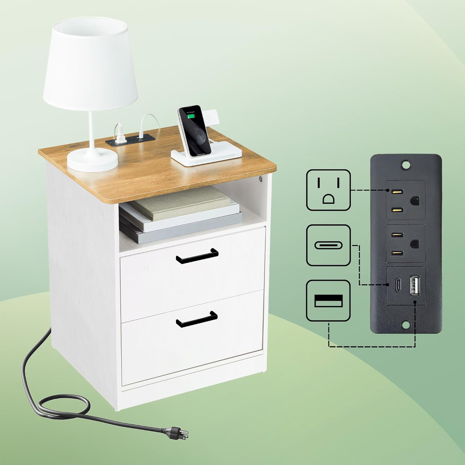Everyday Side Table with Fast Charging Station - USB C Cable Fast Charging, Wooden White Nightstand Bedside Table with Drawer, End Table with Optional Adjustable Shelf for Bedroom, Set of 1 - Grand Goldman