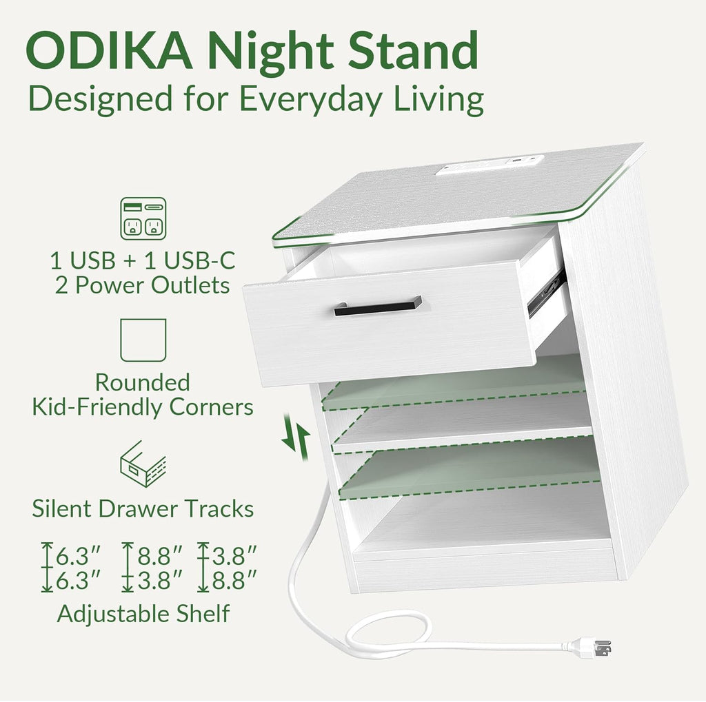 Everyday Side Table with Fast Charging Station - USB C Cable Fast Charging, Wooden White Nightstand Bedside Table with Drawer, End Table with Optional Adjustable Shelf for Bedroom, Set of 1 - Grand Goldman