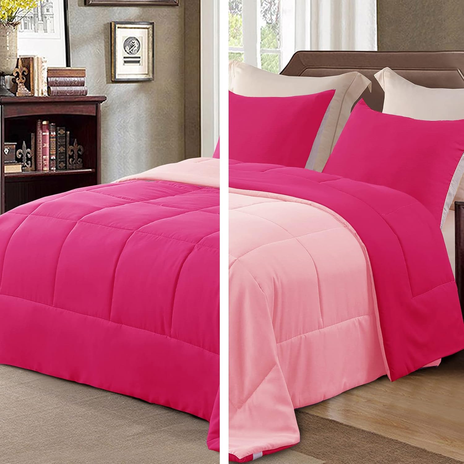 Exclusivo Mezcla Lightweight Reversible 2-Piece Comforter Set All Seasons, Down Alternative Comforter with 1 Pillow Sham, Twin Size, Hot Pink/Bright Pink - Grand Goldman