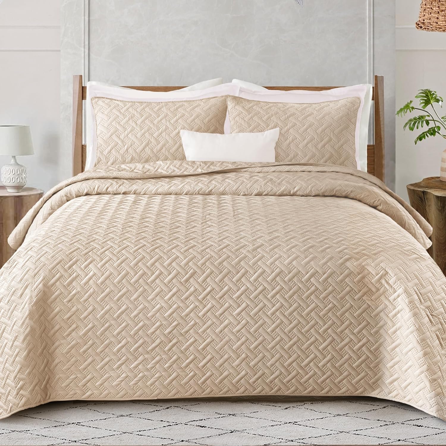 Exclusivo Mezcla Soft Quilt Set Queen Full Size, 3 Pieces Lightweight Quilts Grey Bedspreads Coverlets Bedding Set for All Seasons, Weave Pattern - Grand Goldman
