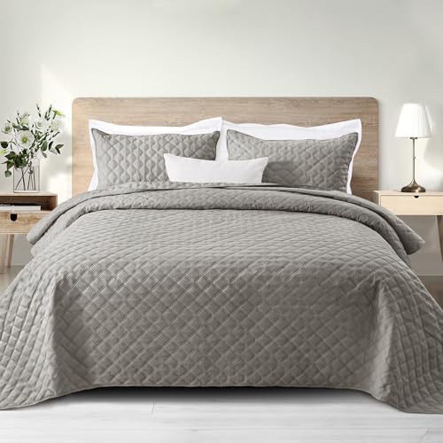 Exclusivo Mezcla Soft Quilt Set Queen Full Size, 3 Pieces Lightweight Quilts Grey Bedspreads Coverlets Bedding Set for All Seasons, Weave Pattern - Grand Goldman