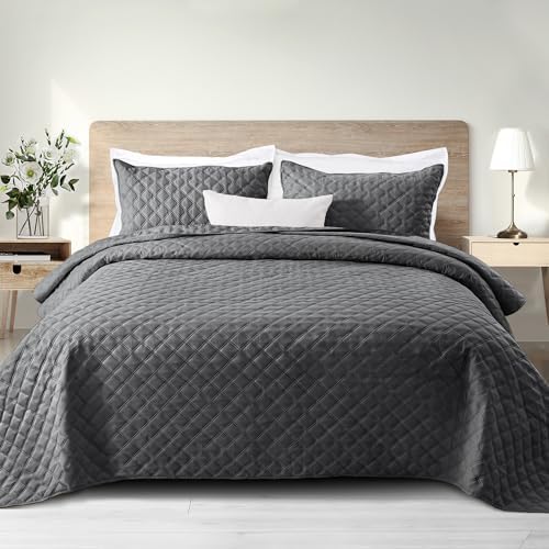 Exclusivo Mezcla Soft Quilt Set Queen Full Size, 3 Pieces Lightweight Quilts Grey Bedspreads Coverlets Bedding Set for All Seasons, Weave Pattern - Grand Goldman
