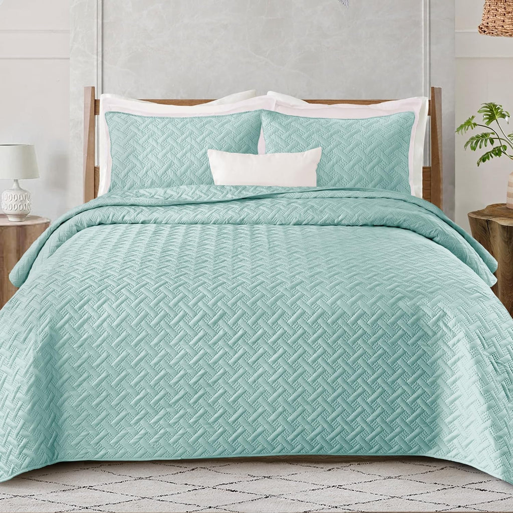 Exclusivo Mezcla Soft Quilt Set Queen Full Size, 3 Pieces Lightweight Quilts Grey Bedspreads Coverlets Bedding Set for All Seasons, Weave Pattern - Grand Goldman