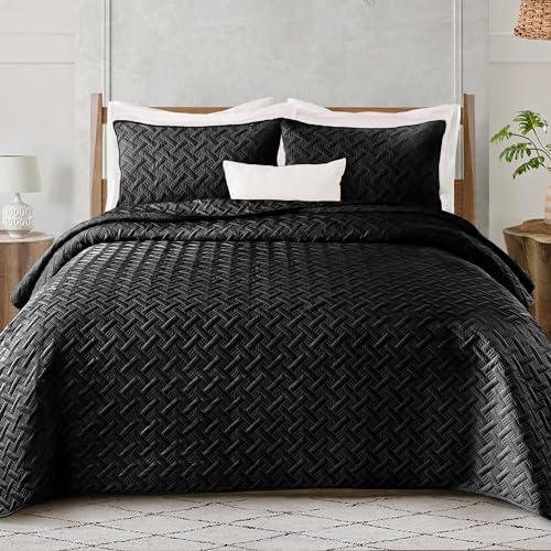 Exclusivo Mezcla Soft Quilt Set Queen Full Size, 3 Pieces Lightweight Quilts Grey Bedspreads Coverlets Bedding Set for All Seasons, Weave Pattern - Grand Goldman