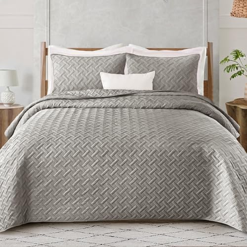 Exclusivo Mezcla Soft Quilt Set Queen Full Size, 3 Pieces Lightweight Quilts Grey Bedspreads Coverlets Bedding Set for All Seasons, Weave Pattern - Grand Goldman