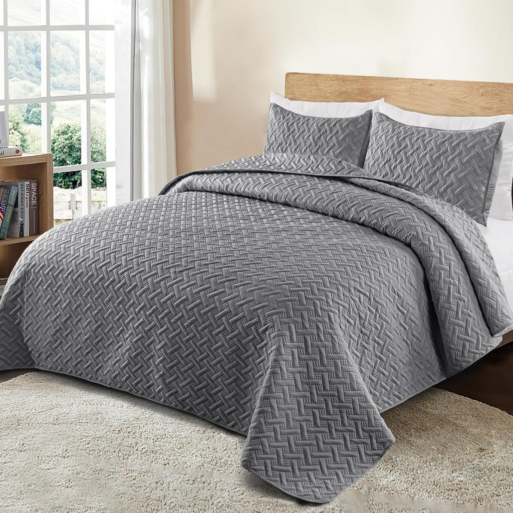 Exclusivo Mezcla Soft Quilt Set Queen Full Size, 3 Pieces Lightweight Quilts Grey Bedspreads Coverlets Bedding Set for All Seasons, Weave Pattern - Grand Goldman