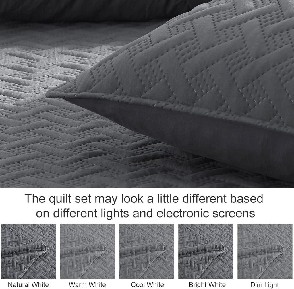 Exclusivo Mezcla Soft Quilt Set Queen Full Size, 3 Pieces Lightweight Quilts Grey Bedspreads Coverlets Bedding Set for All Seasons, Weave Pattern - Grand Goldman