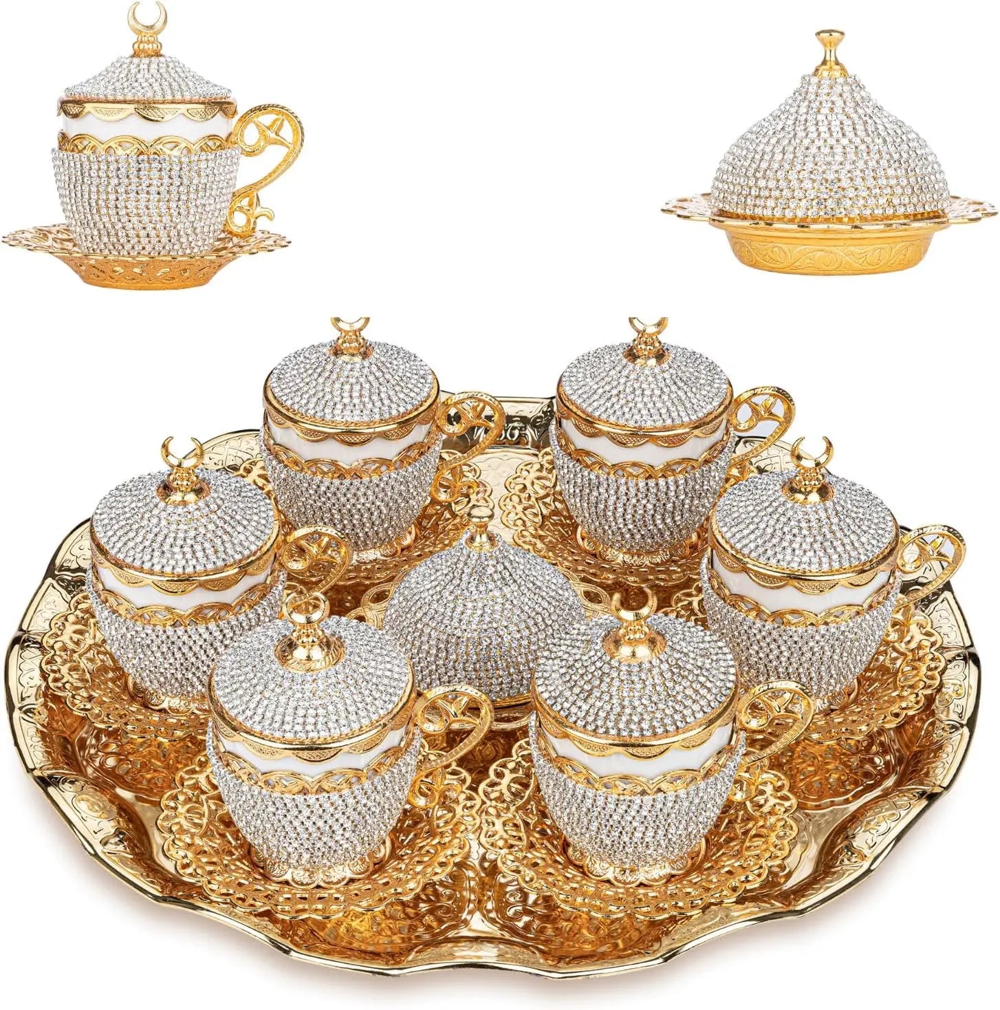 Exquisite 27-Pack Turkish Greek Arabic Tea Tools Set Crystal Espresso Cups and Saucers with Gold and Silver Coffeeware Luxurious Zamak Craftsmanship for Home Kitchen Dining and Bar - Grand Goldman