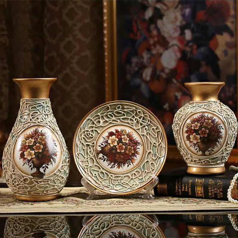 Exquisite Hand-Painted 3-Piece Ceramic Vase Set Vintage Japanese Style Home Decor 3D Ampora Plate Urn Pack Dried Flowers Arrangement Traditional Chinese & European Design - Grand Goldman