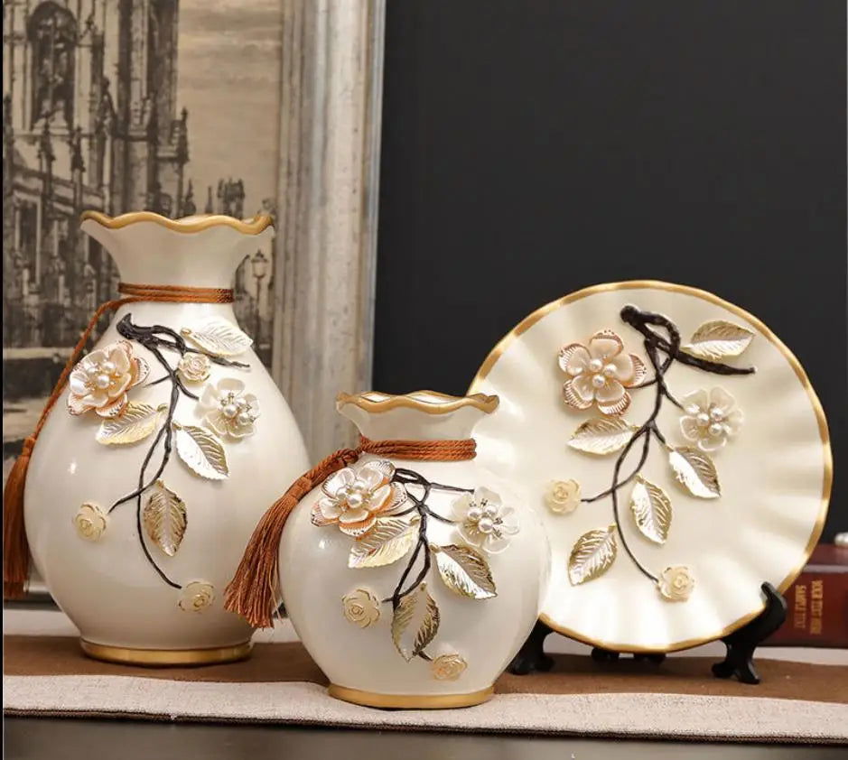 Exquisite Hand-Painted 3-Piece Ceramic Vase Set Vintage Japanese Style Home Decor 3D Ampora Plate Urn Pack Dried Flowers Arrangement Traditional Chinese & European Design - Grand Goldman