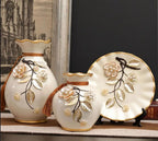 Exquisite Hand-Painted 3-Piece Ceramic Vase Set Vintage Japanese Style Home Decor 3D Ampora Plate Urn Pack Dried Flowers Arrangement Traditional Chinese & European Design - Grand Goldman