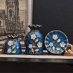 Exquisite Hand-Painted 3-Piece Ceramic Vase Set Vintage Japanese Style Home Decor 3D Ampora Plate Urn Pack Dried Flowers Arrangement Traditional Chinese & European Design - Grand Goldman
